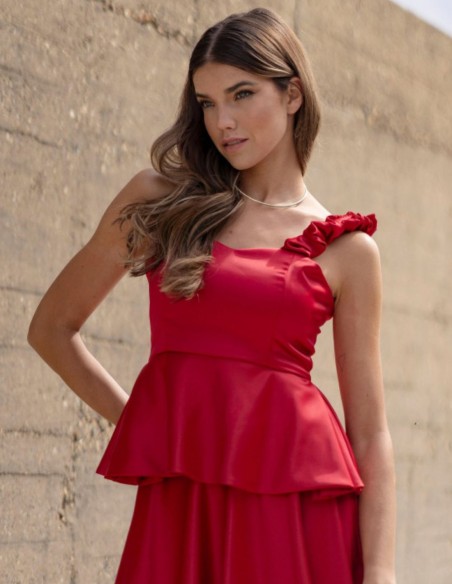 Red top with ruffles and sweetheart neckline