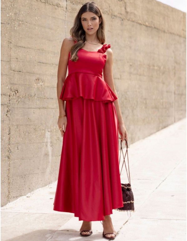 Jupe midi rouge avec poches et fermetures éclair latérales