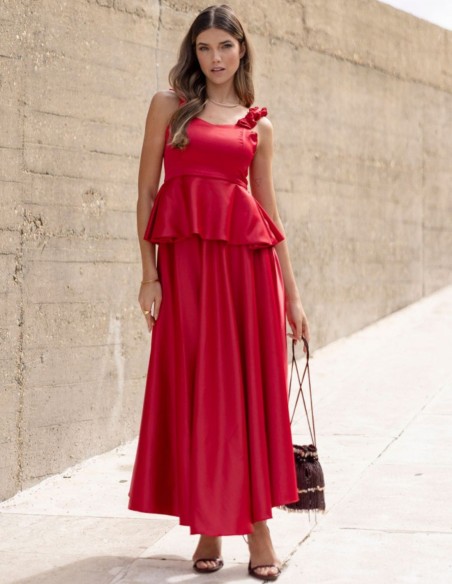 Red midi skirt with pockets and side zipper