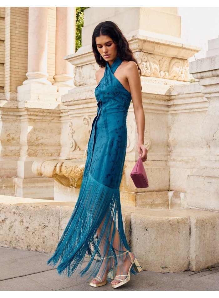 Vestido de chiffon con cuello halter y abertura en forma de cerradura con bolsillos Óxido