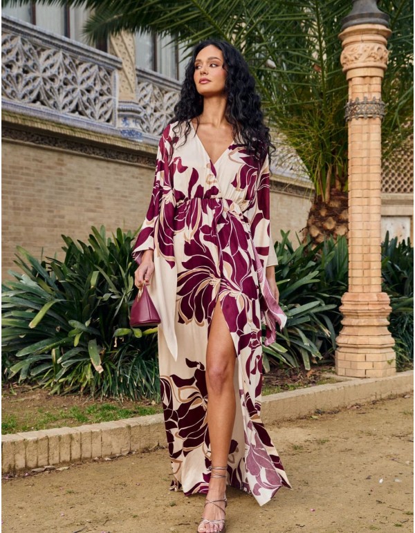 Long floral guest dress with japanese sleeves