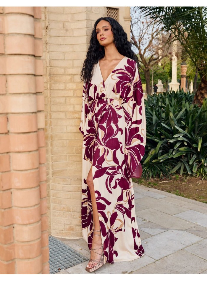 Long floral guest dress with japanese sleeves
