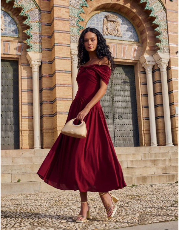 Vestido de fiesta midi con escote bardot y corte fruncido... 2