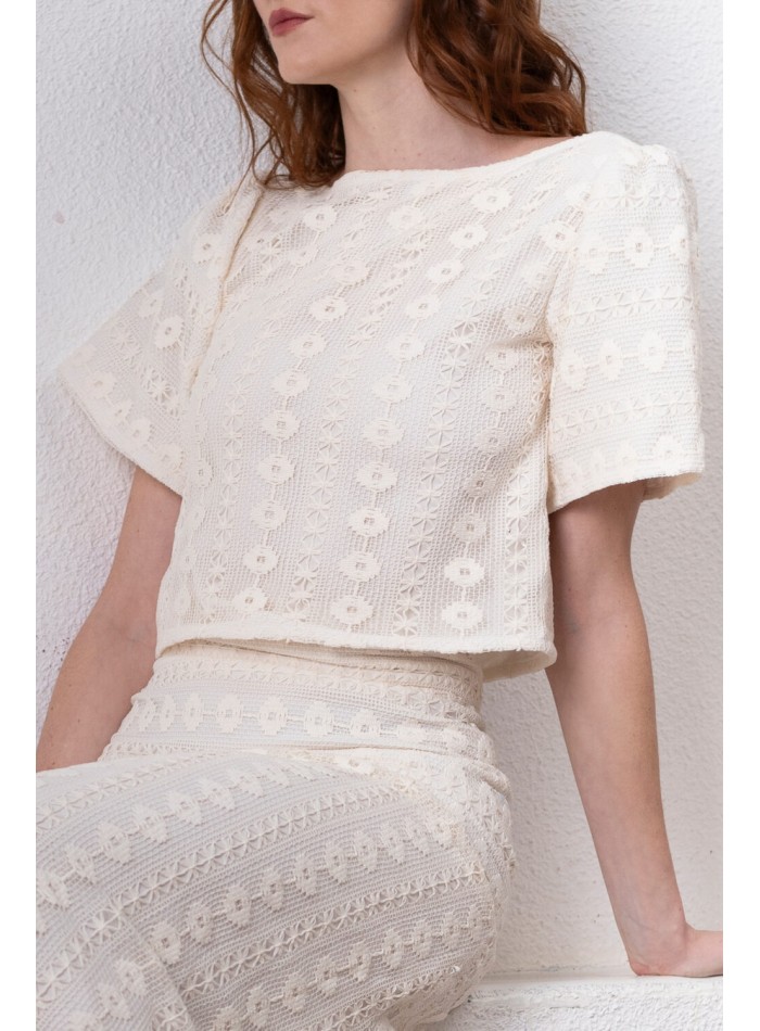 Ivory macramé top with short sleeves