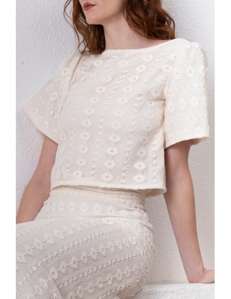 Top en macramé ivoire à manches courtes