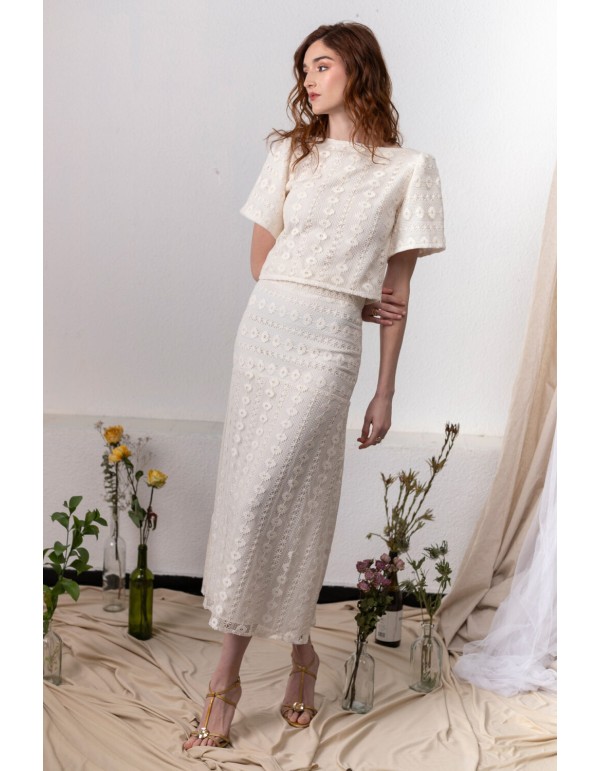 Falda midi evasé de macramé marfil 2