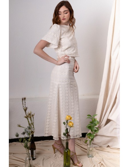 Falda midi evasé de macramé marfil para mama de comunion Falda midi evasé de macramé marfil para mama de comunion
