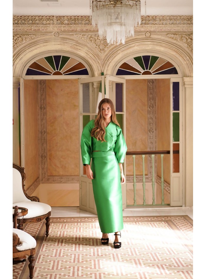 Falda midi recta en mikado verde con abertura trasera