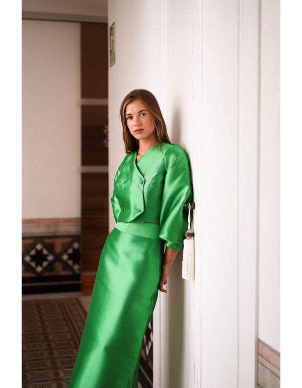 Falda midi recta en mikado verde con abertura trasera 2