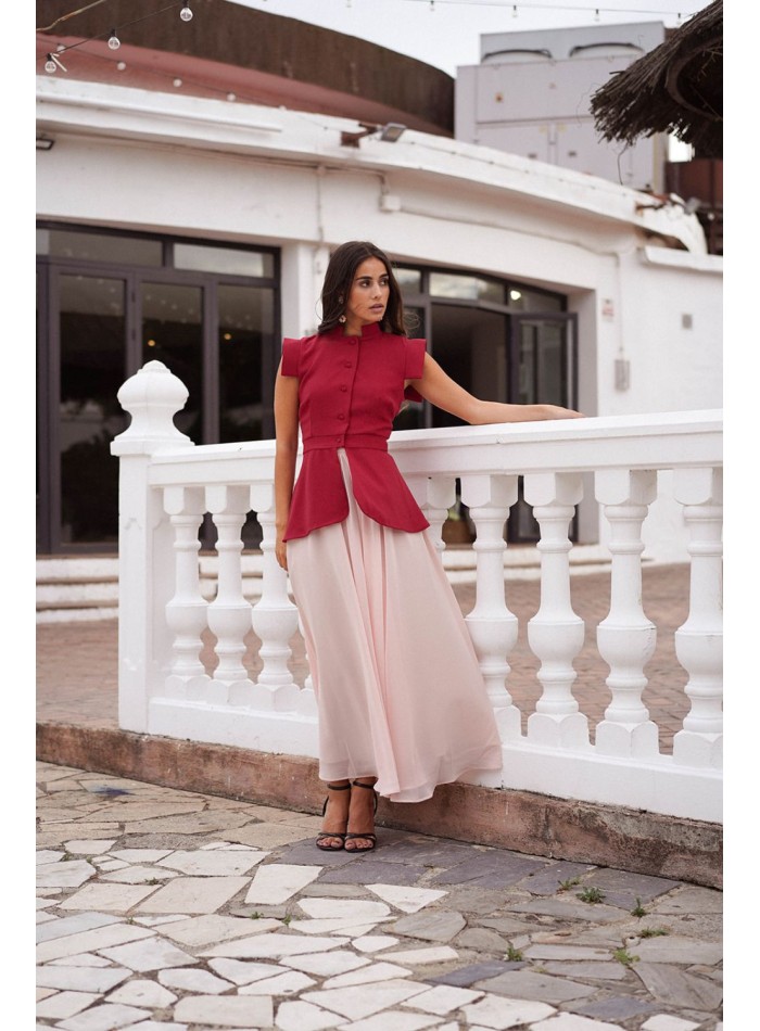 Red button-down vest with ruffle waistband