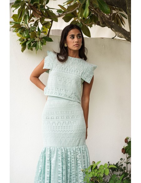 Aqua green short top with short v-neck sleeves