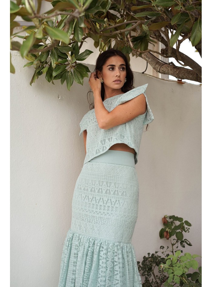 Aqua green short top with short v-neck sleeves