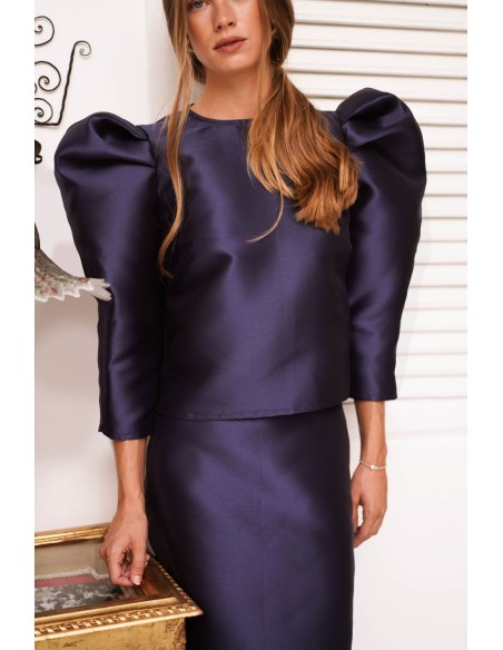 Navy blue mikado top with puffed sleeves
