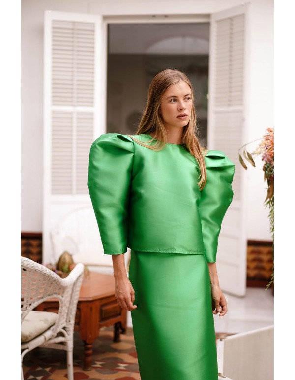 Party top in green mikado with puffed sleeves 2