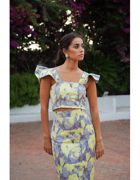 Blue and yellow jacquard top with ruffles