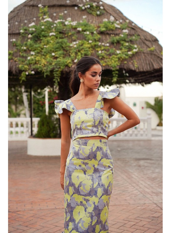 Top à volants en jacquard bleu et jaune