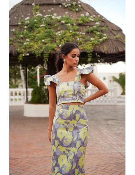 Blue and yellow jacquard top with ruffles