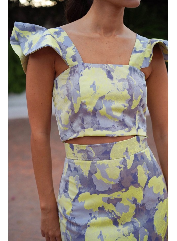 Top jacquard azul y amarillo con volantes para bodas