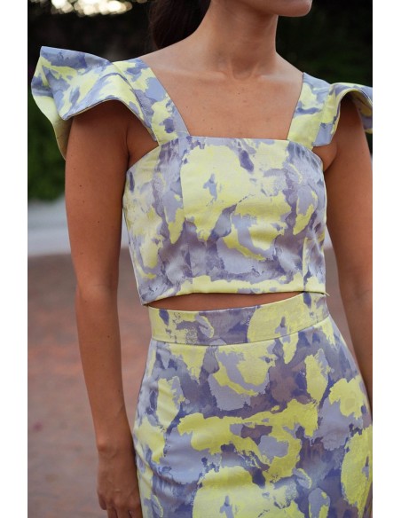 Blue and yellow jacquard top with ruffles