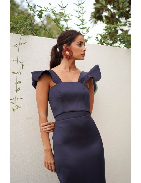 Top de mikado en azul marino con volantes para bodas