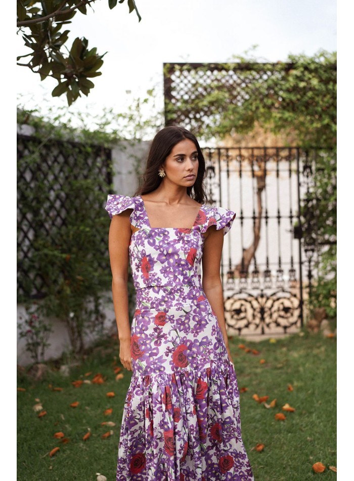 Purple and red floral print top with ruffles