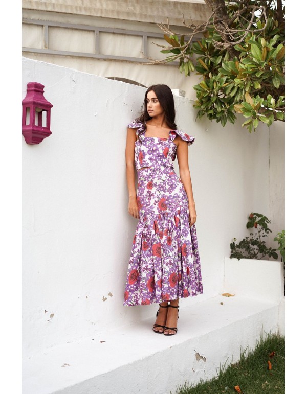 Purple and red floral print top with ruffles 2