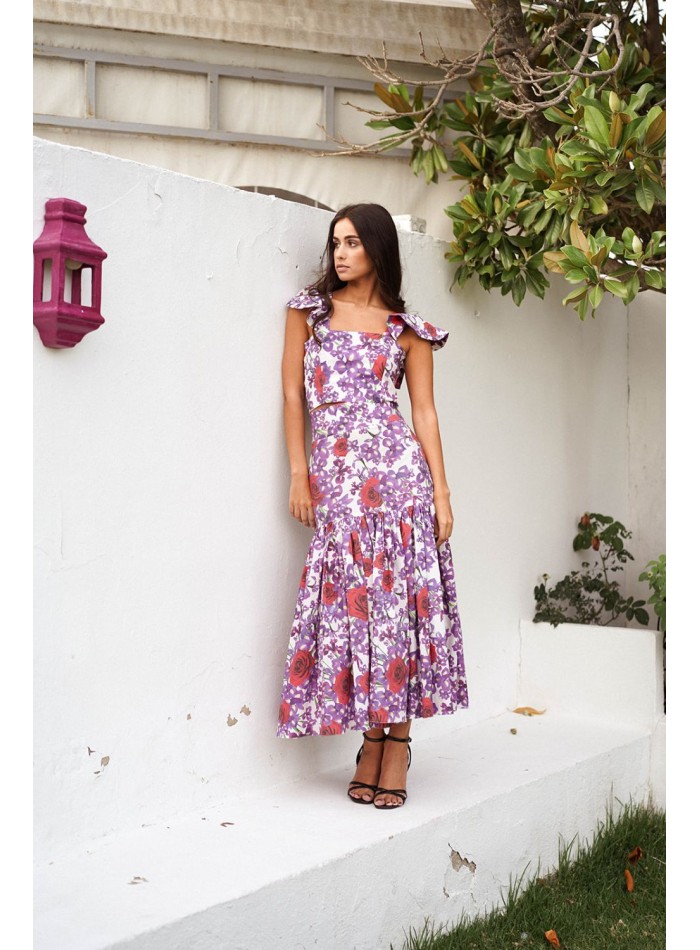 Purple and red floral print top with ruffles