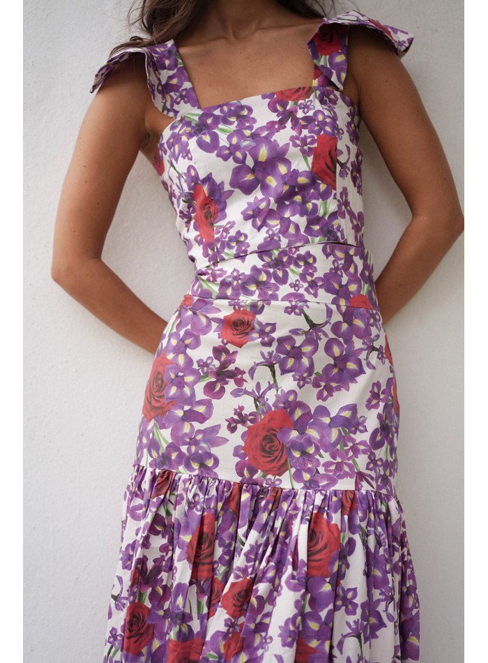 Top à volants imprimé floral violet et rouge