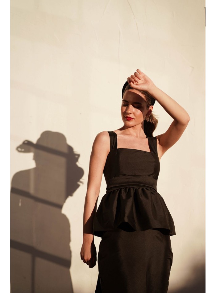 Black taffeta strapless top with peplum ruffle and maxi scarf