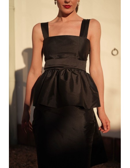 Black taffeta strapless top with peplum ruffle and maxi scarf