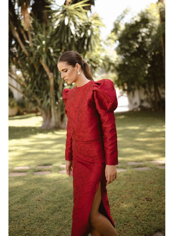 Burgundy floral brocade top with puffed sleeves