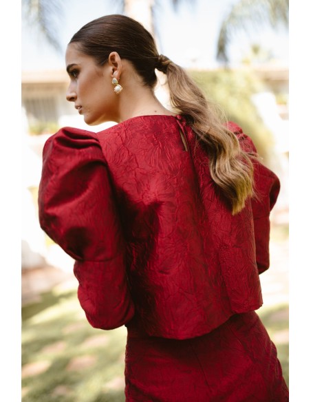 Burgundy floral brocade top with puffed sleeves