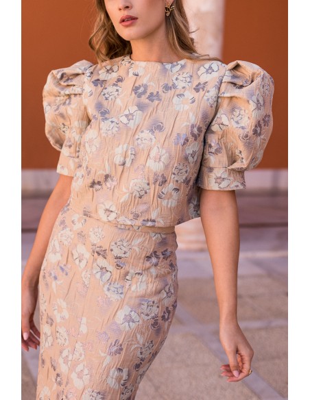 Top brocado de flores con manga corta abullonada para bodas Top brocado de flores con manga corta abullonada para bodas