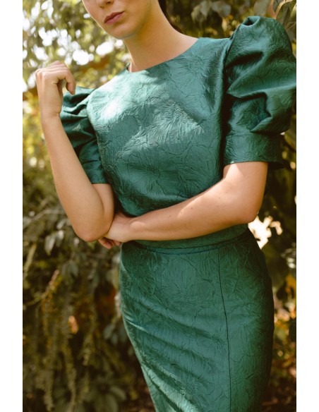 Bottle green floral brocade top with short puffed sleeves