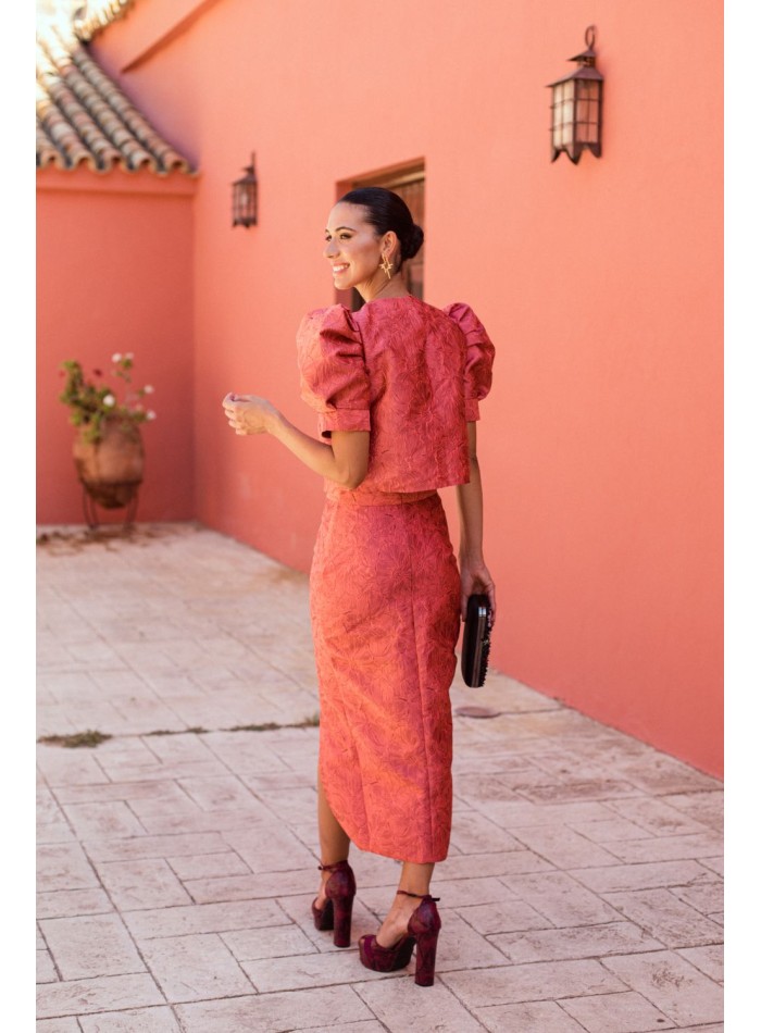 Floral coral brocade top with short puffed sleeves