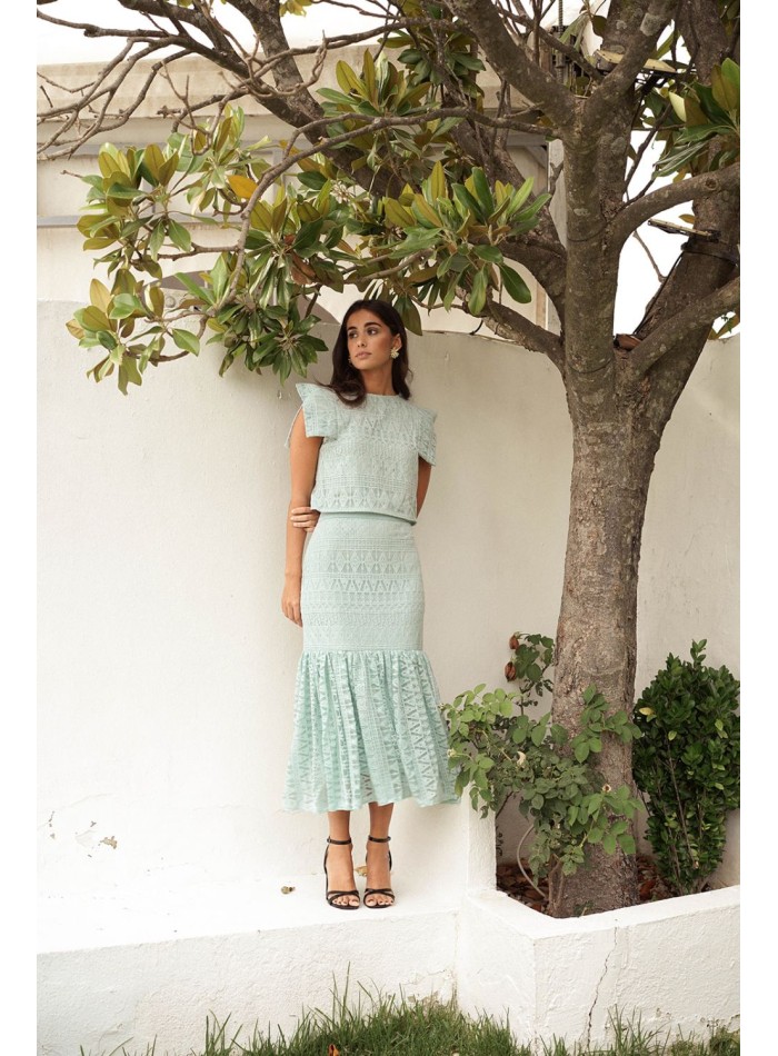 Jupe midi vert aqua avec volant maxi