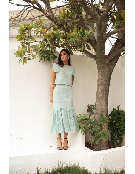 Jupe midi vert aqua avec volant maxi