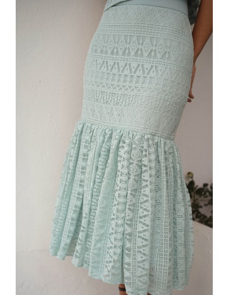 Jupe midi vert aqua avec volant maxi