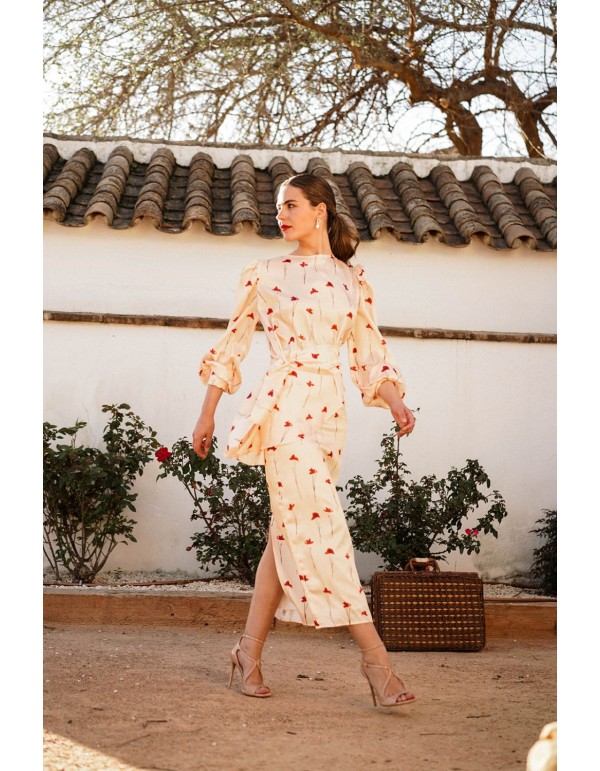 Straight midi skirt with slit and rose print 2
