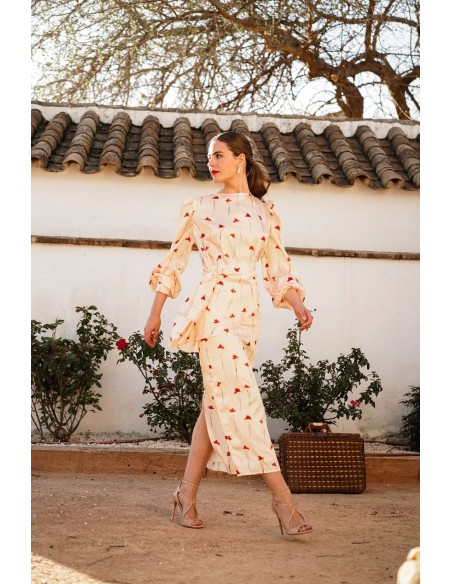 Straight midi skirt with slit and rose print