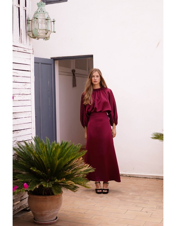 Burgundy satin flared midi skirt 2