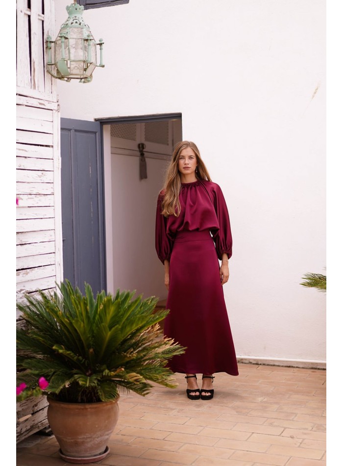 Burgundy satin flared midi skirt