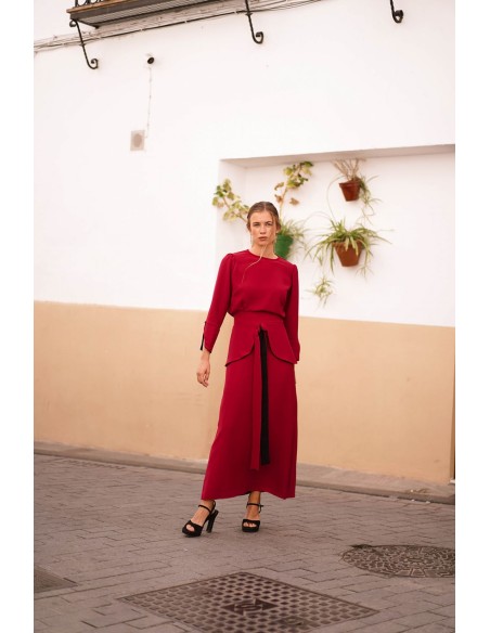 Red flared midi skirt with ruffle and lacing