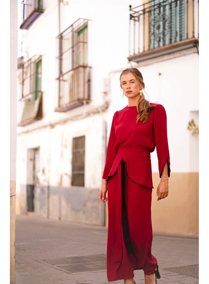 Red flared midi skirt with ruffle and lacing