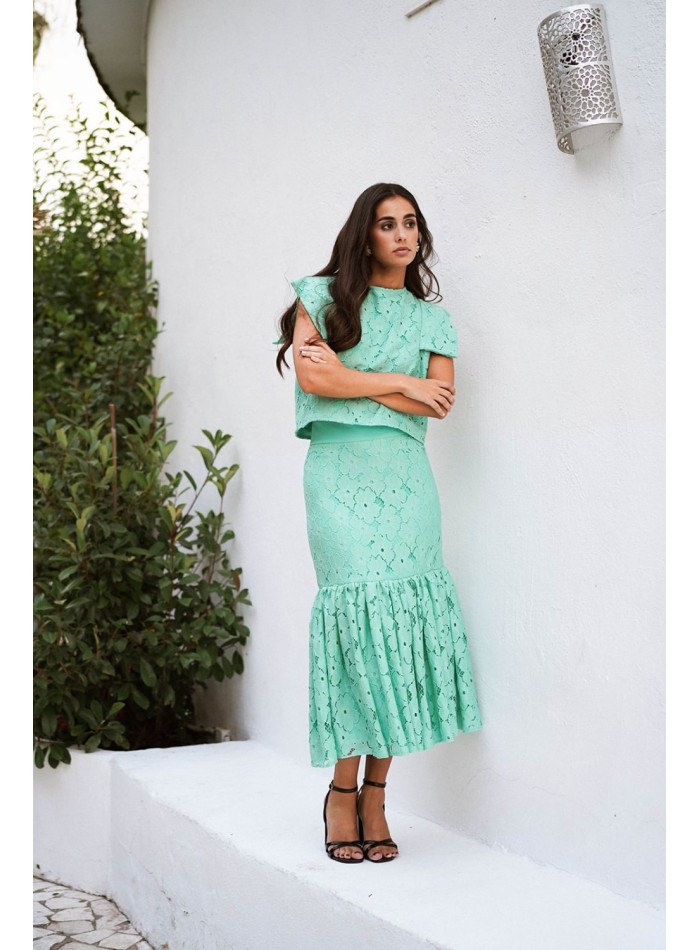 Jupe midi en dentelle vert turquoise