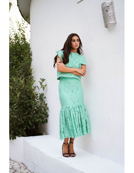 Jupe midi en dentelle vert turquoise