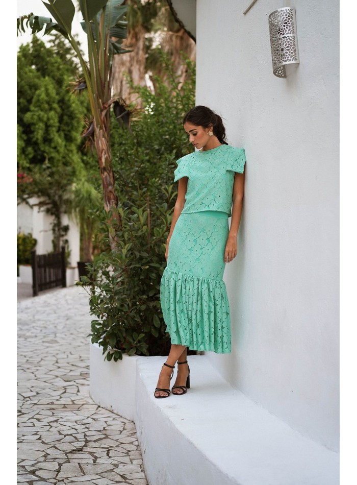 Jupe midi en dentelle vert turquoise