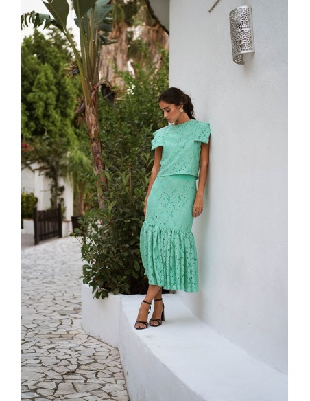 Jupe midi en dentelle vert turquoise