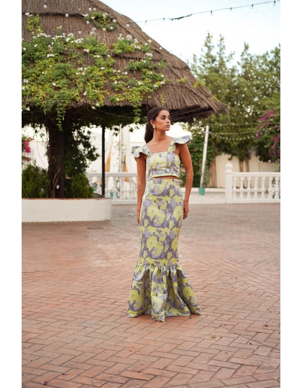 Falda larga jacquard en azul y amarillo 2