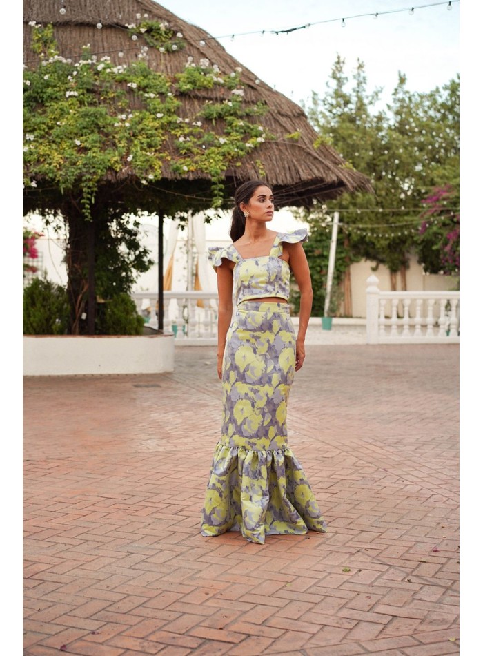Long jacquard skirt in blue and yellow